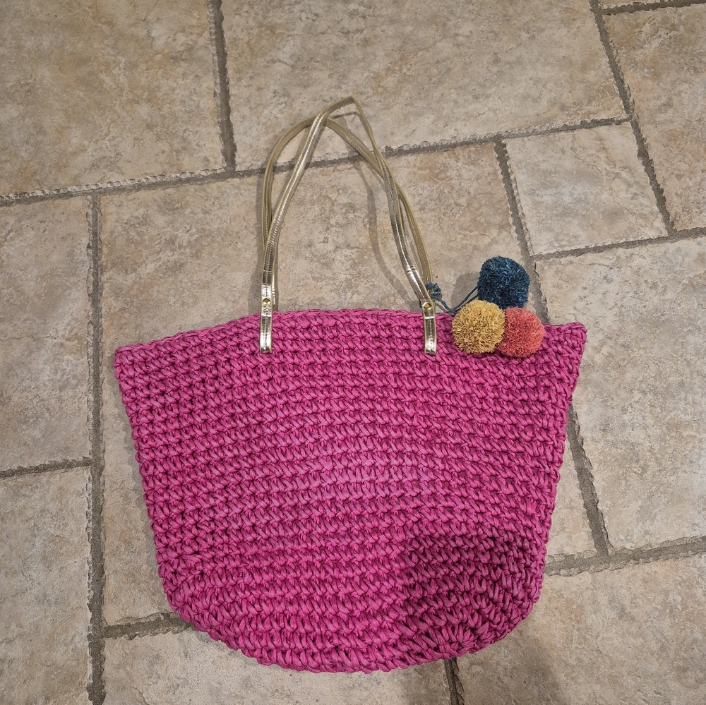 Straw Studios Fuchsia Tote with Colorful Pom Poms